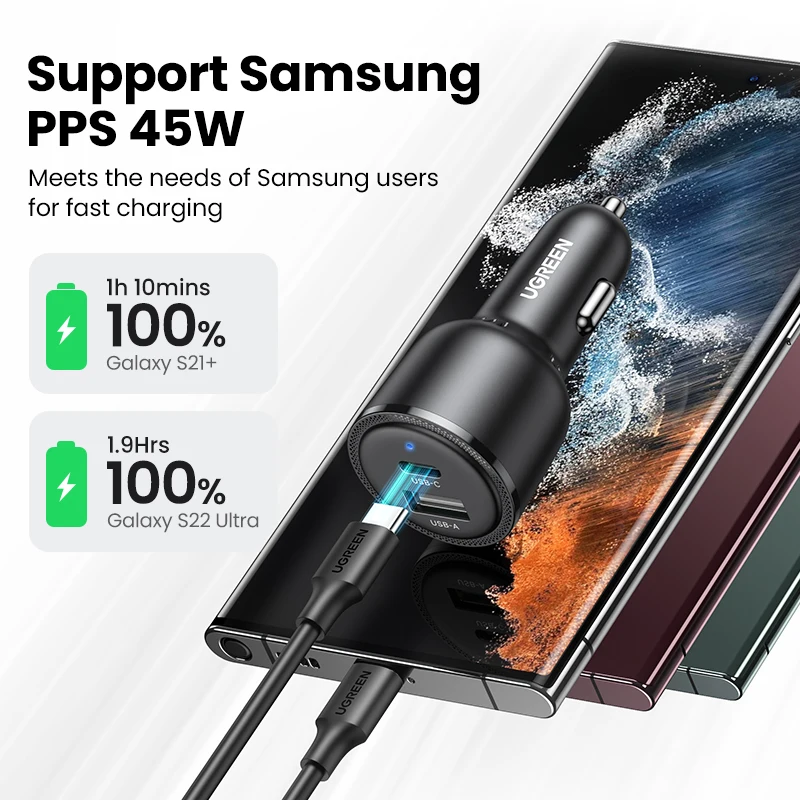Nuevo en UGREEN 63W cargador de coche PD QC 3,0 PPS 45W USB tipo C carga rápida para iPhone 17 16 Samsung Xiaomi cargador de teléfono móvil