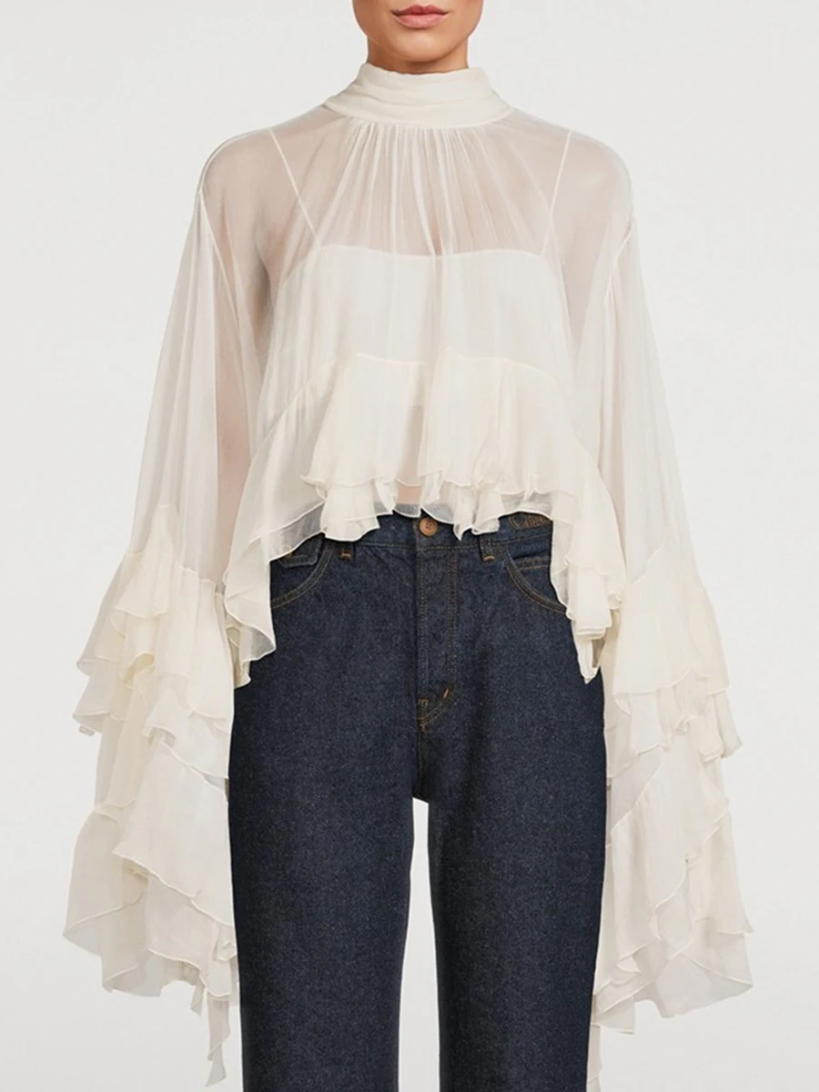 TWOTWINSTYLE, blusas holgadas con volantes empalmados lisos para mujer, camisas minimalistas de temperamento sin mangas con cuello I, moda femenina