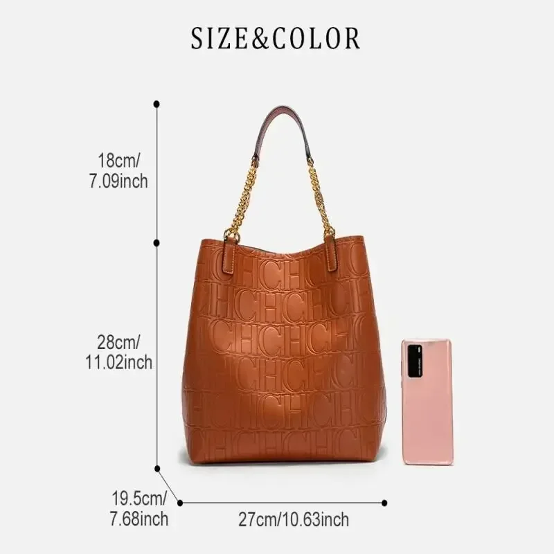 Bolso Tote CH para Mujer, Bolso de Mano de Diseñador de Lujo, Bolso de Hombro de Cuero Repujado a la Moda, Elegante Bolso Tote con Cadena Dorada para Uso Diario