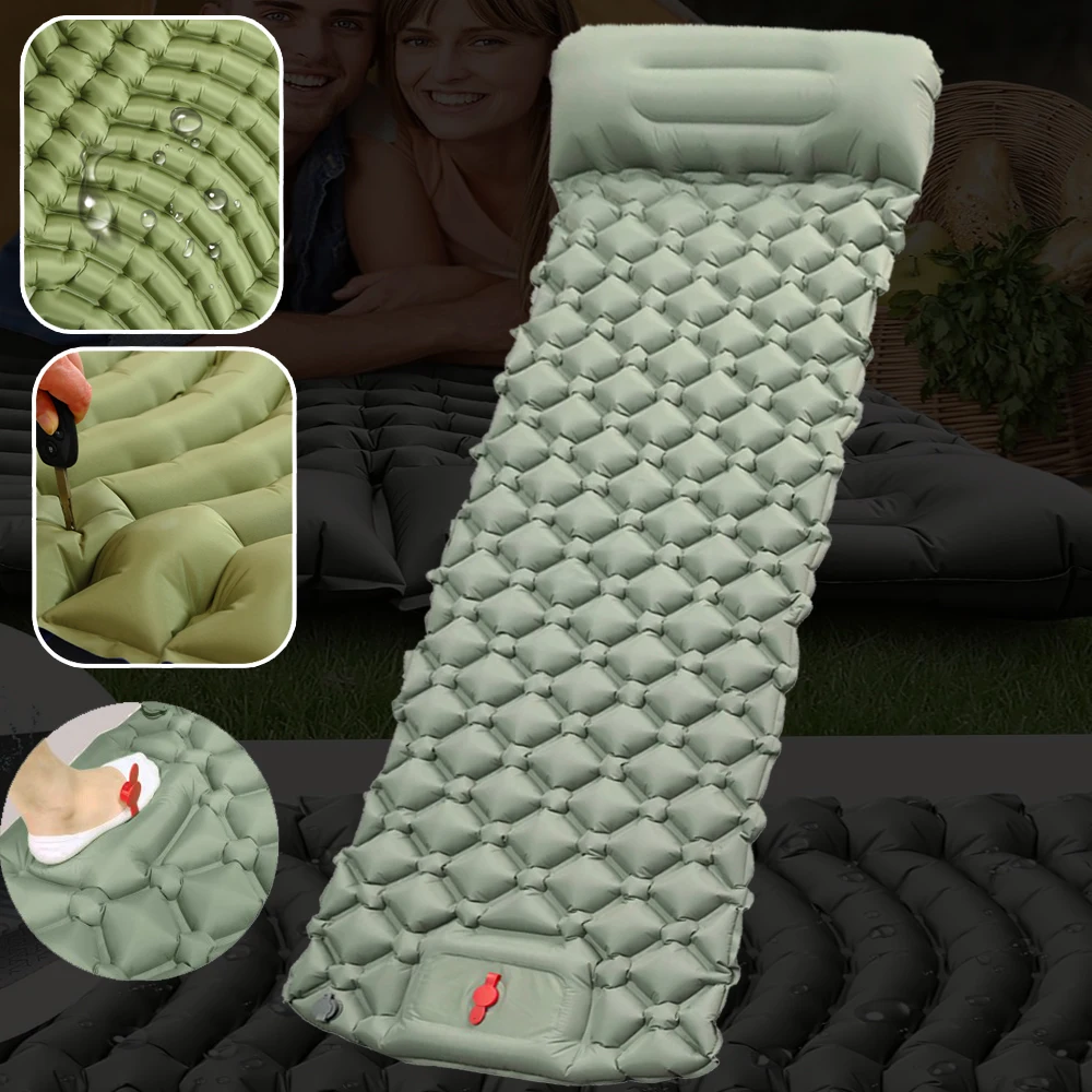Colchón inflable para acampar al aire libre, colchoneta para dormir con almohadas, colchoneta de aire ultraligera, bomba infladora integrada para senderismo