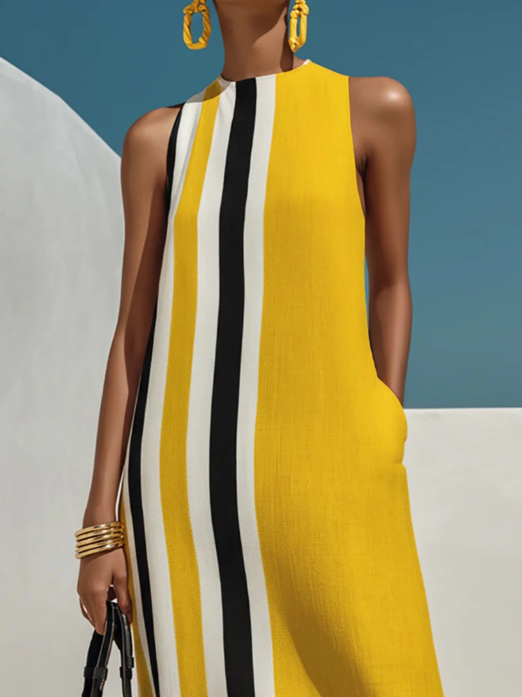 Vestido Maxi a Rayas con Cuello Redondo para Mujer, Vestido de Fiesta sin Mangas, Elegante y Sencillo, Vestidos de Verano para Mujer