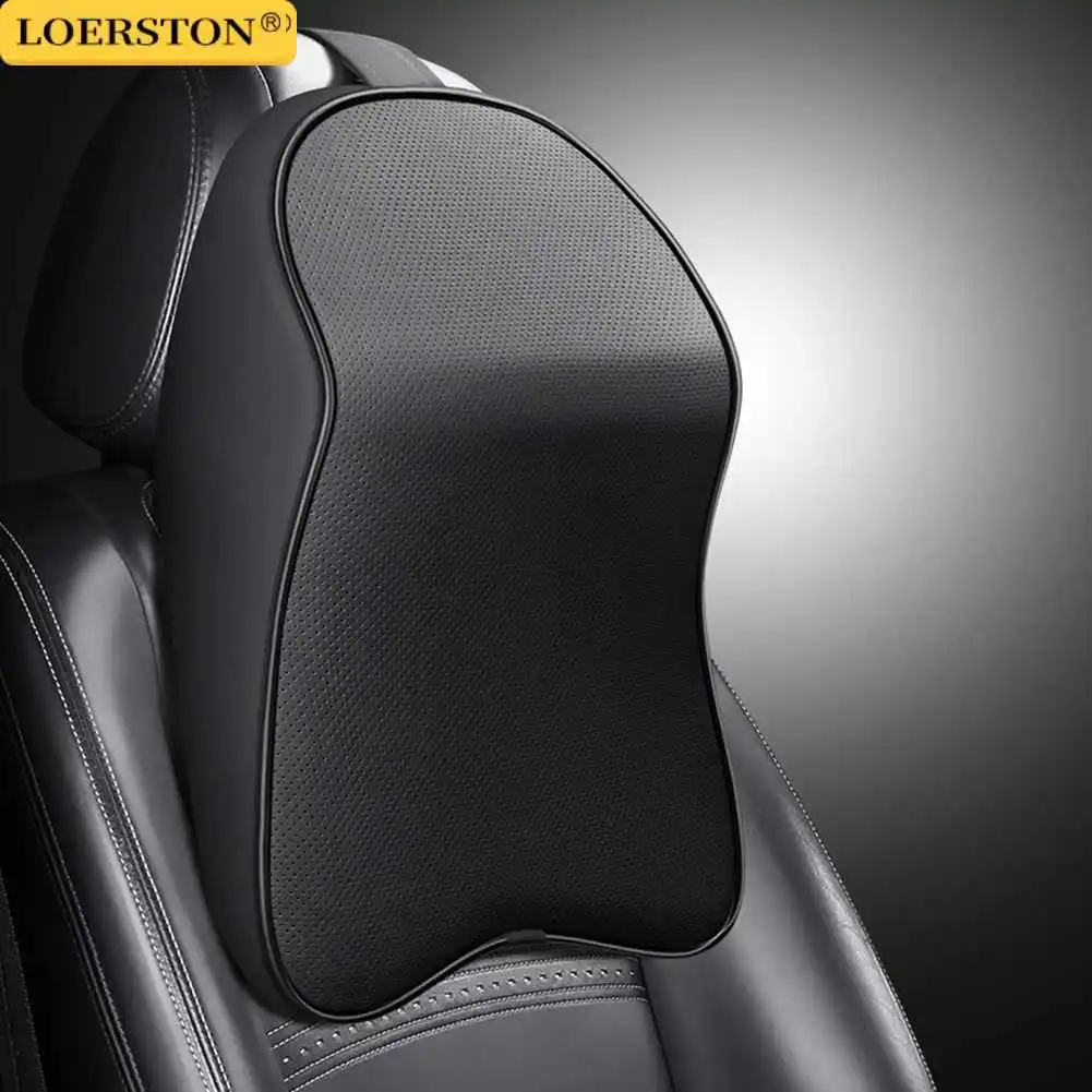 Reposacabezas de espuma viscoelástica de cuero Nappa 3D, almohada para el cuello del coche, soporte para el descanso del cuello, almohada para aliviar el dolor en el coche, soporte para el cuello de viaje