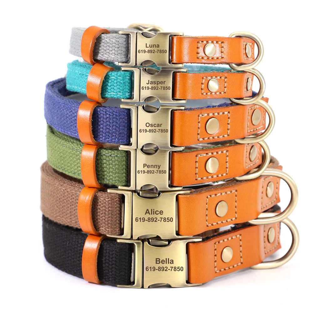 Collar de nailon personalizado para perro y cachorro, conjunto de correa de cuero genuino personalizado, placa de identificación para mascotas, accesorios, collares, productos para mascotas Perro