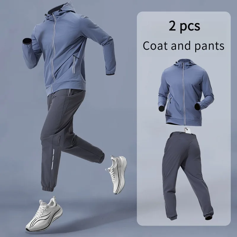 Conjunto de ropa deportiva para hombre con capucha, equipo de entrenamiento, chaqueta y pantalones transpirables, traje de Fitness para ropa de ejercicio cómoda