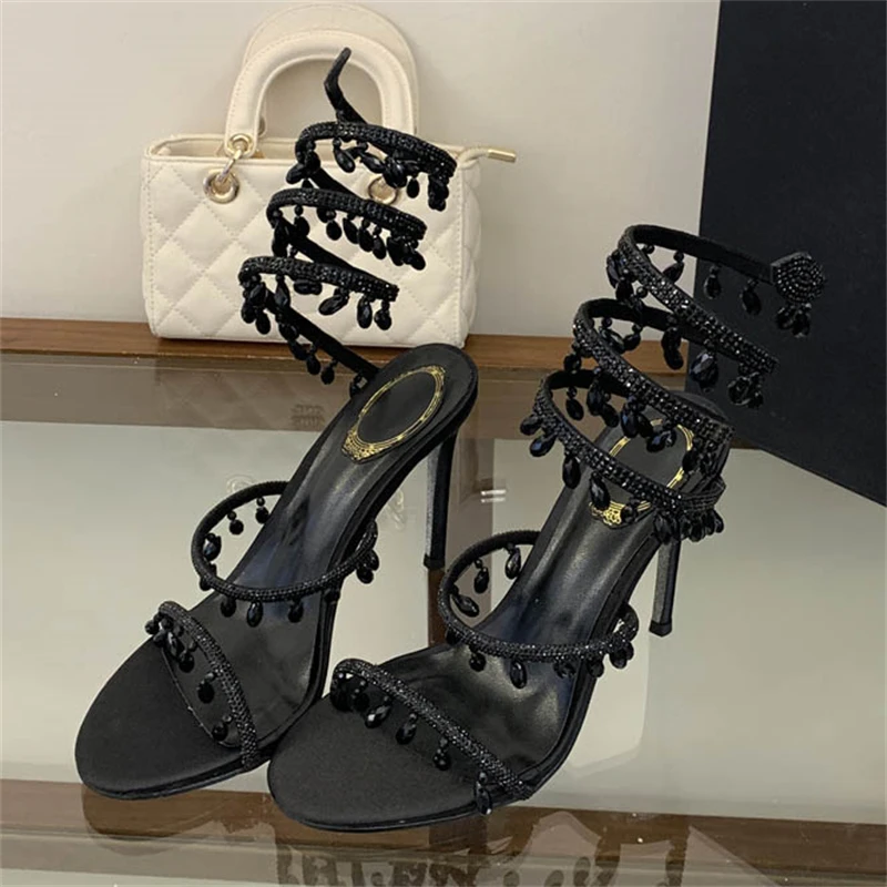 Eilyken, nuevo diseño, sandalias de tacón alto fino con diamantes de cristal para mujer, zapatos de estilo callejero con correa en el tobillo para banquete y baile de graduación