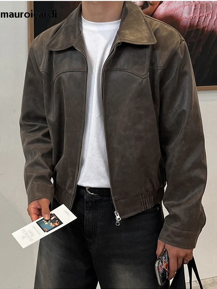 Mauroicardi-chaqueta de cuero Pu marrón desgastado para hombre, chaqueta ligera con cremallera, ropa informal de moda coreana, primavera y otoño