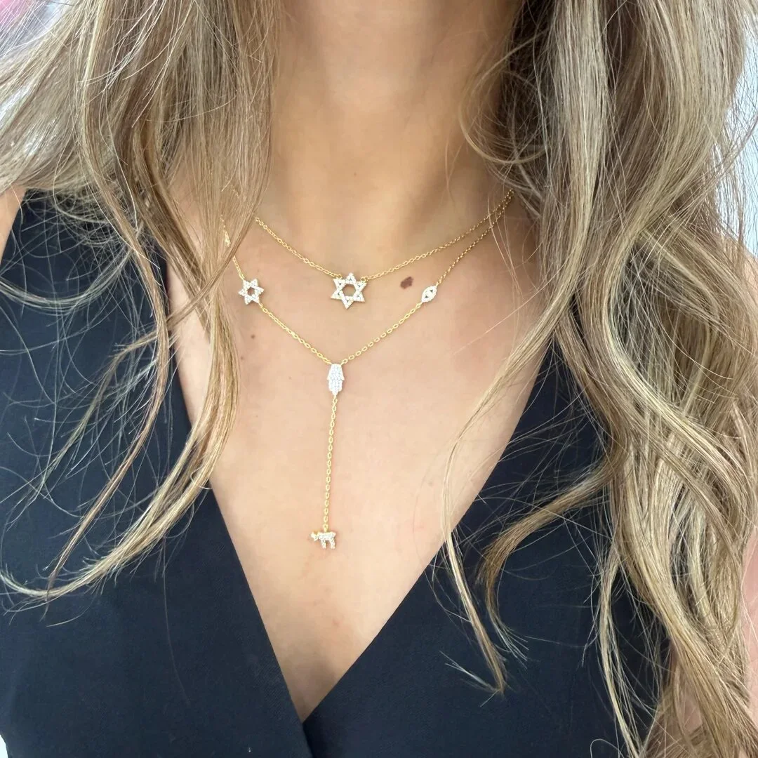 Collar Lariat con Colgante de Mano y Ojo de Estrella de la Suerte con Circonitas, Amuleto Judío, Signo de la Vida, Color Dorado, Joyería para Mujer