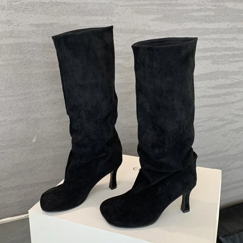 Botas hasta la rodilla con punta redonda estilo callejero para Mujer, Zapatos Punk finos De tacón alto, botines largos para Mujer, Invierno