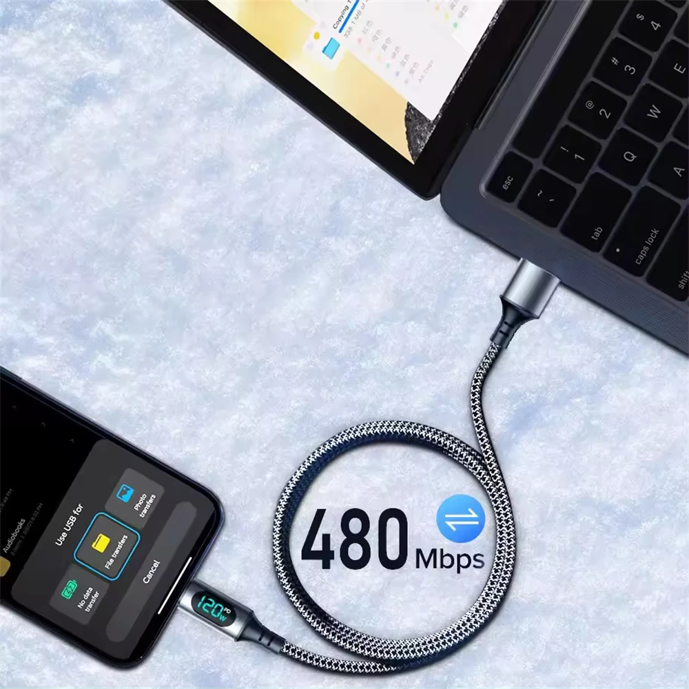 Cable de Carga Superrápida NNBILI 6A USB A a Tipo C de 120W, Cable de Datos de Nailon para Huawei POCO Samsung con Pantalla Digital LED