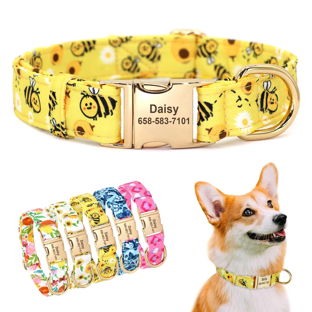 Collar de perro de nailon personalizado, collares para cachorros con estampado de abeja y flores, collares de identificación para mascotas personalizados gratis para perros pequeños y grandes Chihuahua