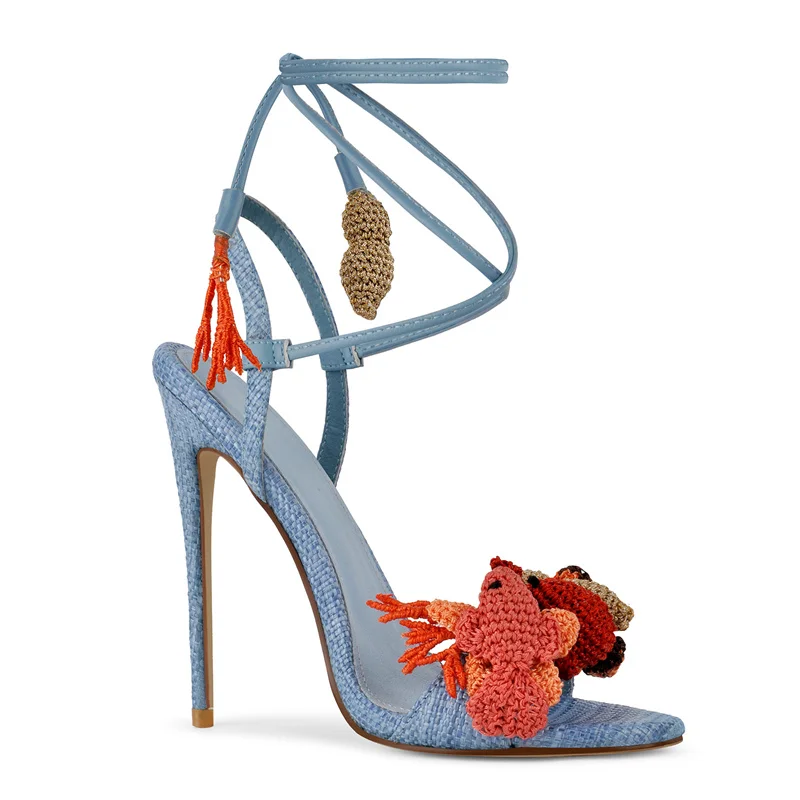 Onlymaker Sandalias de tacón fino con punta redonda y adornos tejidos para mujer, sandalias de talla grande