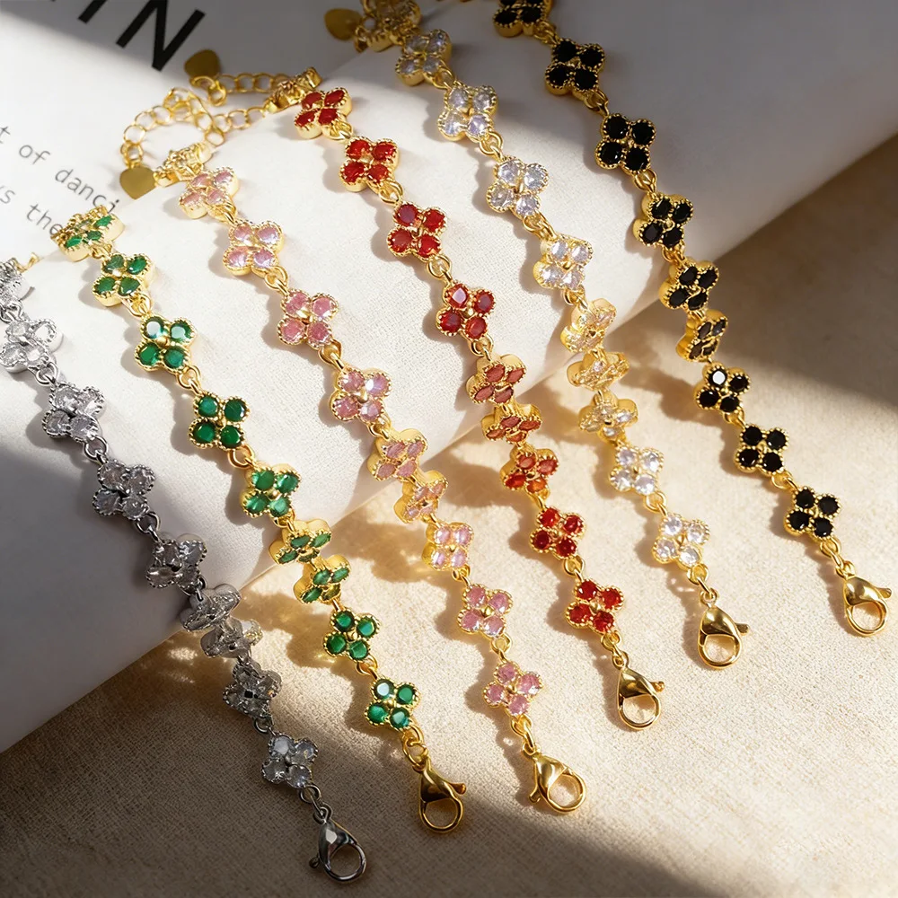 Pulsera de Acero Inoxidable con Cubierta de Flores de Circonia Cúbica de Colores, Ajustable, con Trébol de Cuatro Hojas y Flores de Circonia, Joyería para Mujer