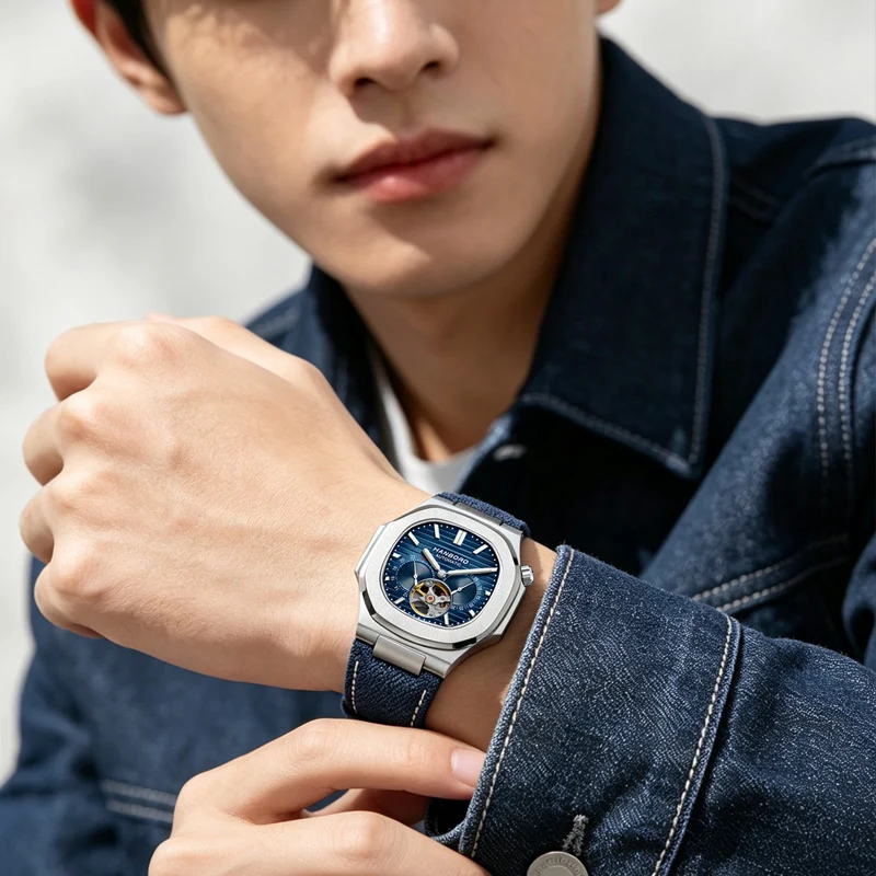 Reloj Mecánico HANBORO para Hombre, Diseño de Corona Creativa, Cuadrado, Color Oro Rosa, Correa de Lona, Movimiento Japonés Personalizado