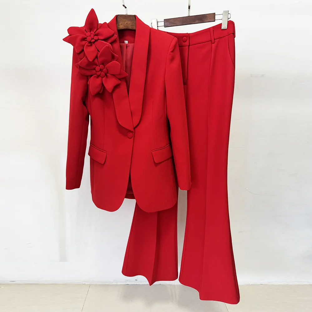 HIGH STREET Última Moda 2026 Conjunto de Traje de Diseñador para Mujer, Chaqueta y Pantalones con Flores Tridimensionales, 2 Piezas