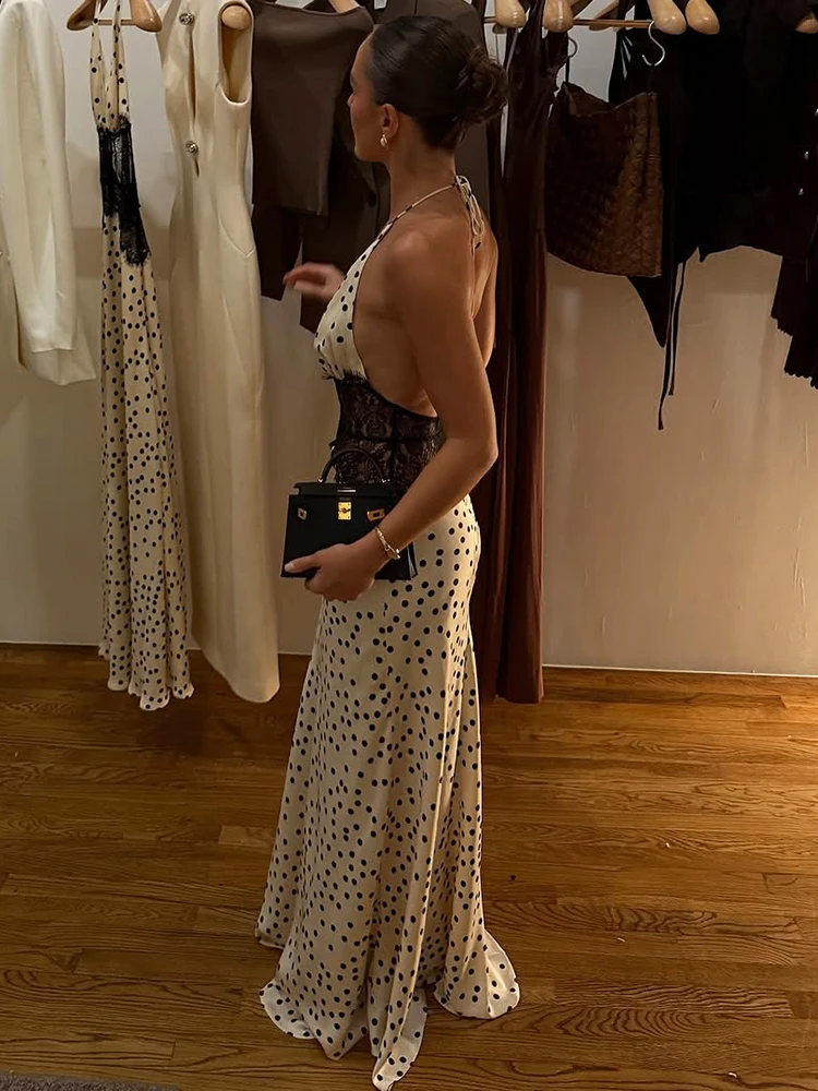 Mozision-Vestido largo Sexy con lunares y espalda descubierta para mujer, vestido elegante de encaje con cuello Halter y escote en V profundo, vestido ajustado sin mangas para discoteca