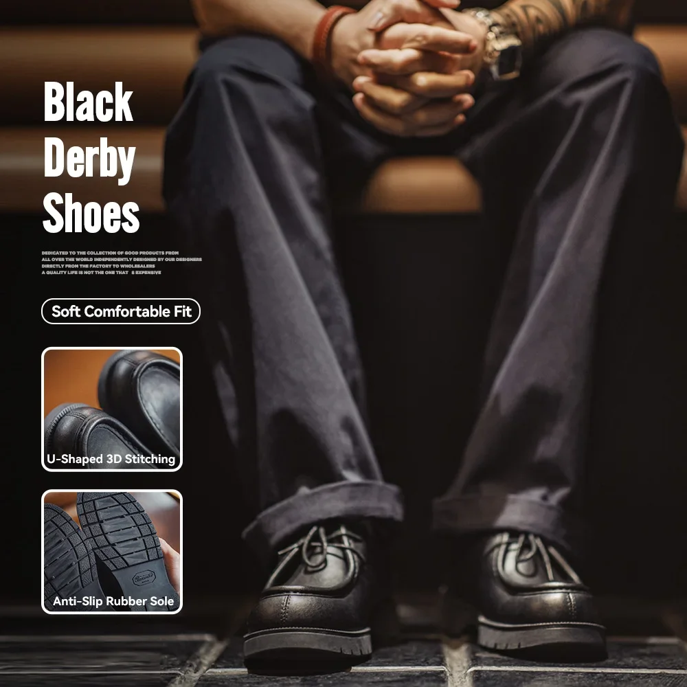 Maden Zapatos Derby negros vintage para hombre Mocasines con cordones de cuero con punta redonda Estilo británico Negro Oficina Low-top para negocios
