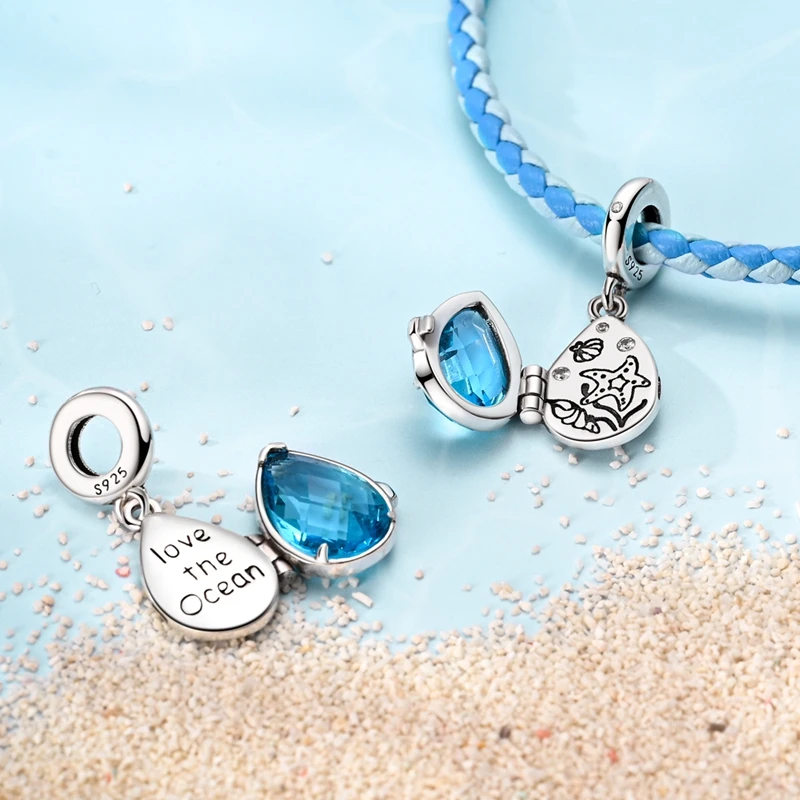 Colgante de Plata 925 con Dijes de Estrella de Mar, Tortuga Marina, Tiburón Ballena y Océano Azul de Verano, Compatible con Pulseras, para la Creación de Joyería Fina de Moda