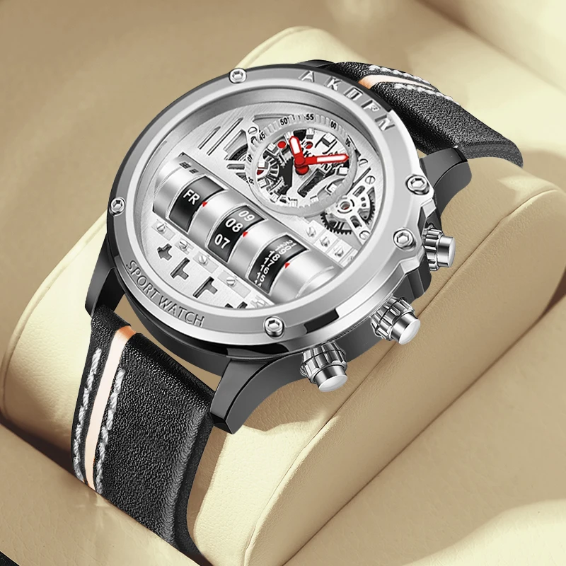 Reloj de cuarzo electrónico de lujo para hombre, relojes de negocios, reloj de pulsera creativo para hombre, relojes con correa de cuero con fecha giratoria única