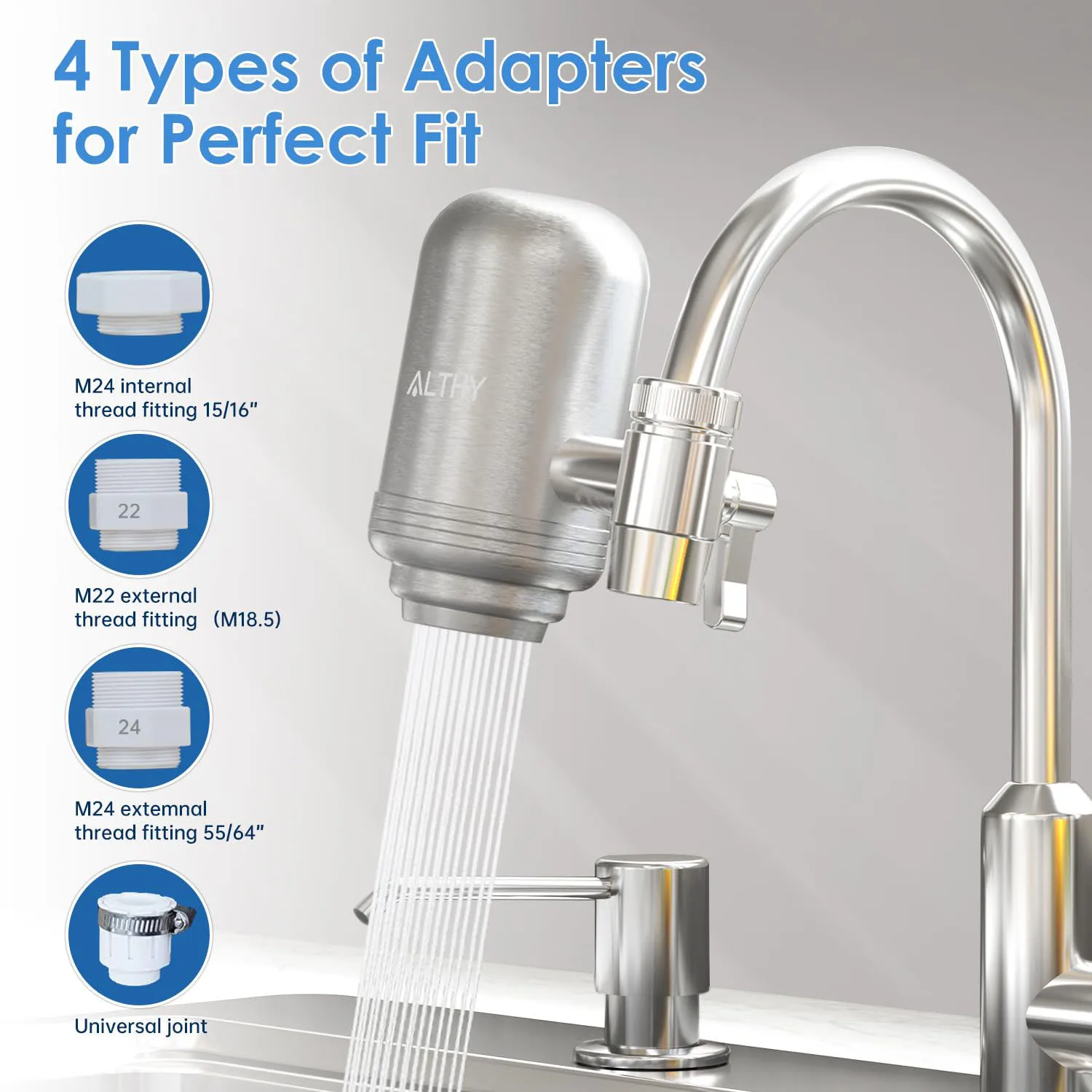 ALTHY Sistema purificador de filtro de agua para grifo de acero inoxidable, certificado NSF reduce plomo, cloro y cocina de buen gusto