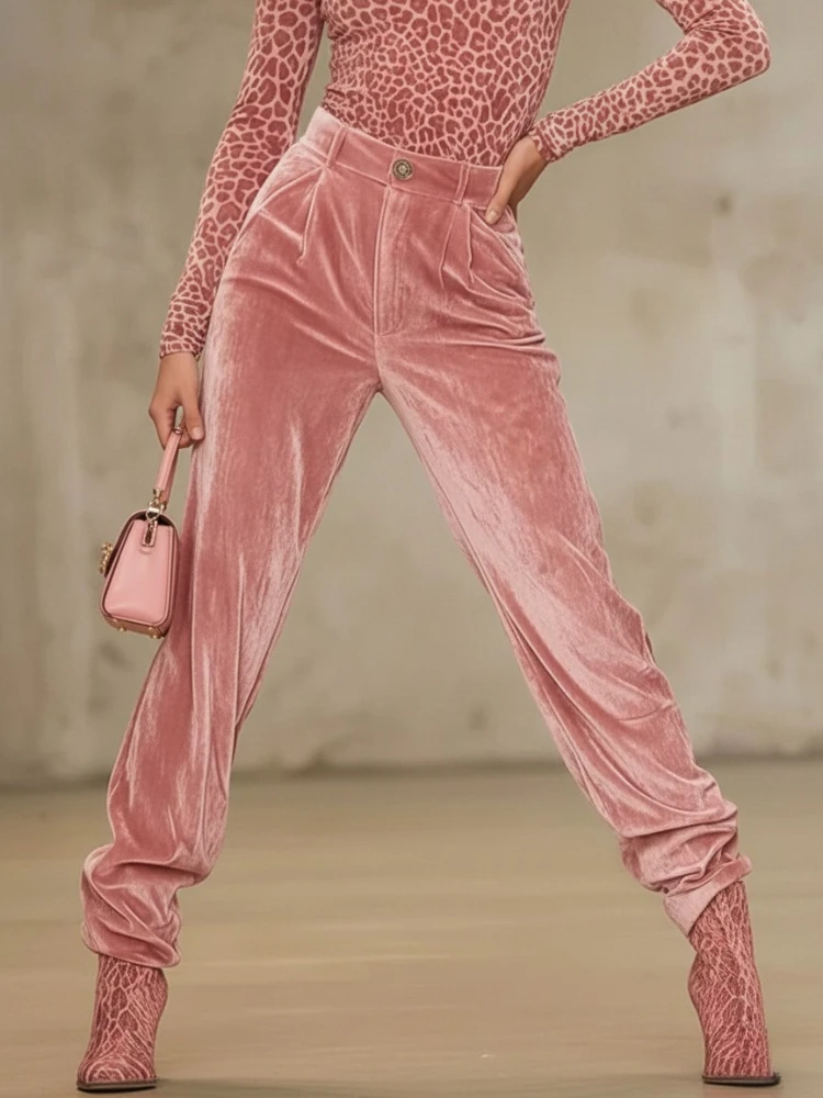 Pantalones de Terciopelo Rosa de Cintura Alta para Mujer Bonboho, Pantalones Largos Holgados con Botones, Pantalones Plisados Elegantes 2026, Prendas Inferiores a Juego