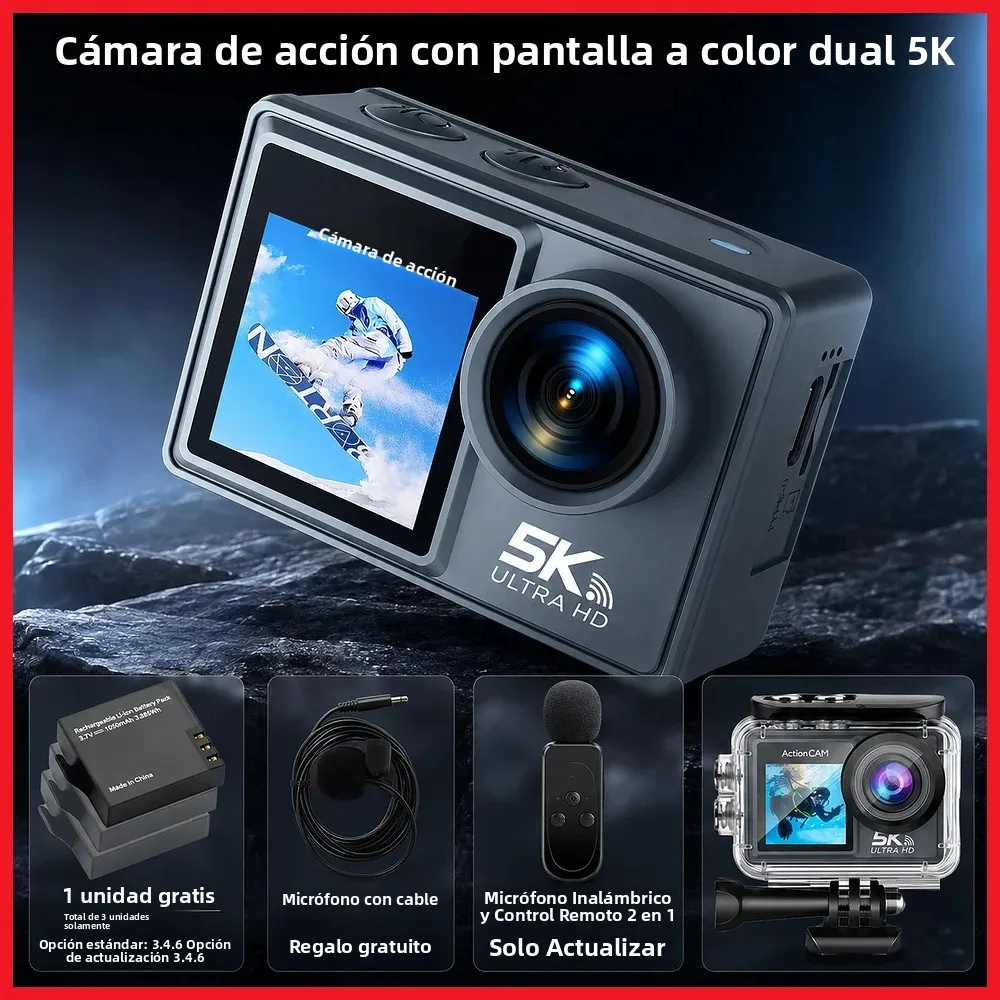 Cámara de Acción 5K 4K60FPS con Pantalla Táctil LCD IPS Dual, DVR, EIS 170 °   Cámara deportiva con zoom de 5 aumentos, resistente al agua hasta 30 metros, con micrófono inalámbrico y control remoto.