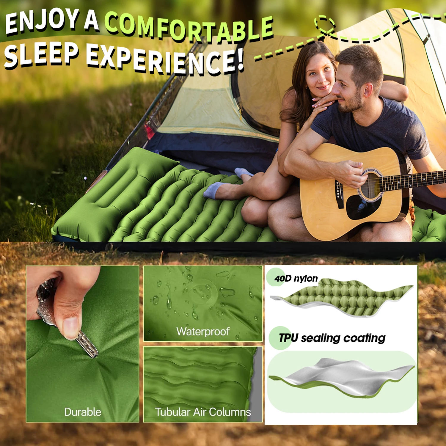 Colchón inflable para acampar al aire libre, colchoneta para dormir con almohadas, colchoneta de aire ultraligera, bomba infladora integrada para senderismo