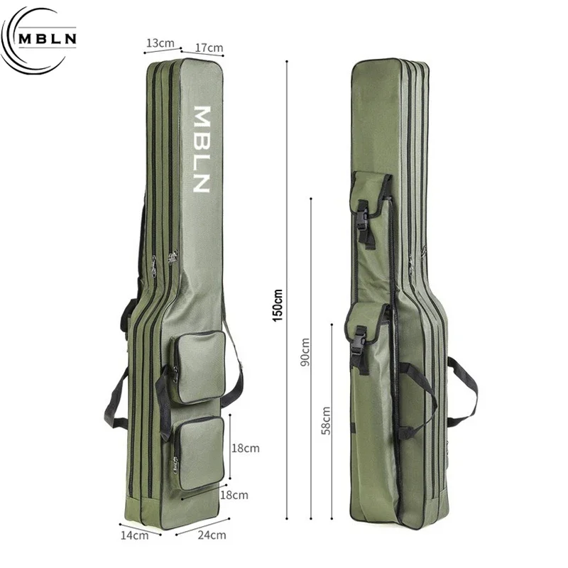 Marca MBLN, bolsa para caña de pescar plegable de 150cm/59 pulgadas, poliéster 600D duradero, diseño de 2 capas con 4 bolsillos laterales, para pesca al aire libre