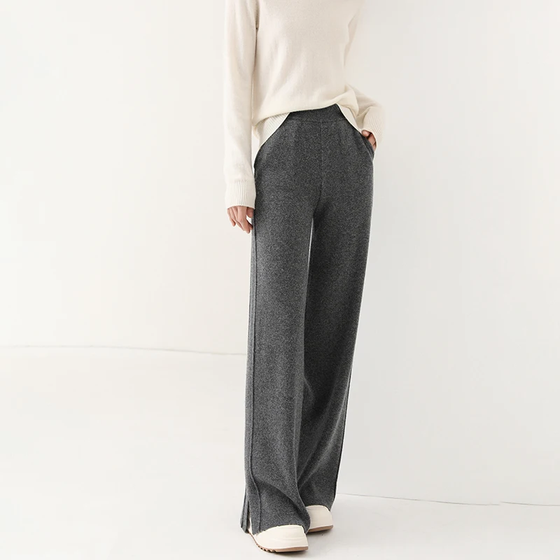 Pantalones de lana de cintura alta para mujer 2024, de ajuste holgado, de cachemira tejida, de pierna ancha, largos hasta el suelo, a la moda, ¡los más vendidos!