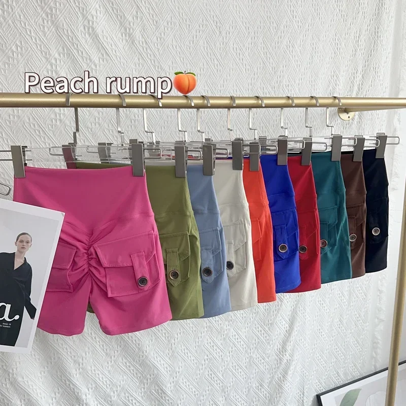 Pantalones cortos deportivos de cintura alta color melocotón con bolsillo para Yoga, mallas de secado rápido para entrenamiento de gimnasia, pantalones cortos deportivos para ciclismo al aire libre