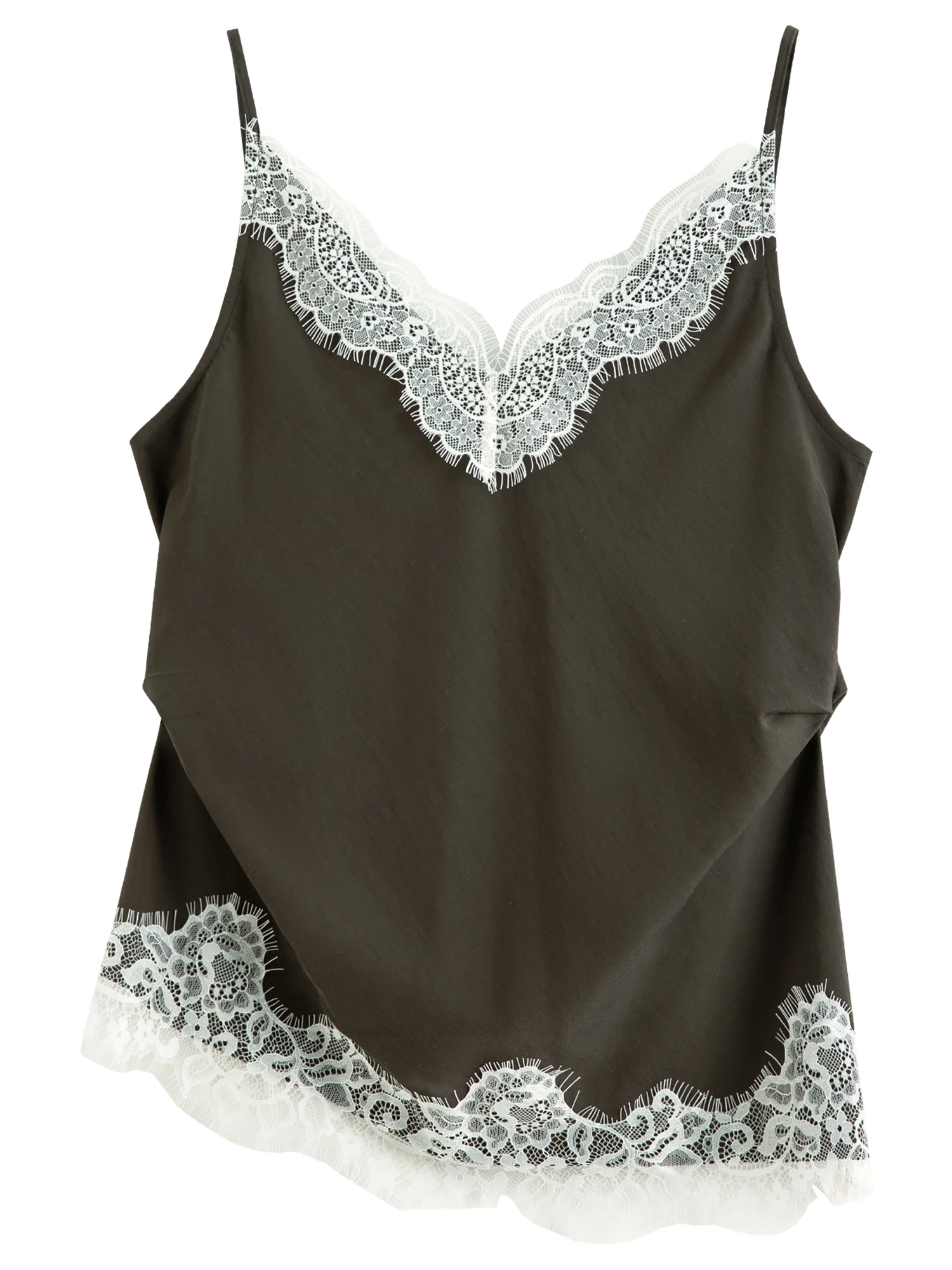 FSLE【Serie Premium】Camisola de mezcla de lino con ribete de encaje para mujer, top ajustado a la cintura para un estilo romántico y elegante para el día a día