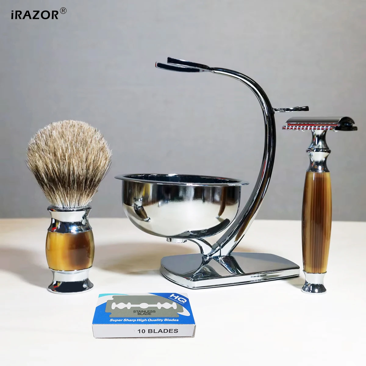 iRAZOR Classic - Kit de afeitado de seguridad de doble filo para hombre con 10 cuchillas, brocha de afeitar Silvertip, tazón y set de regalo para afeitado en húmedo