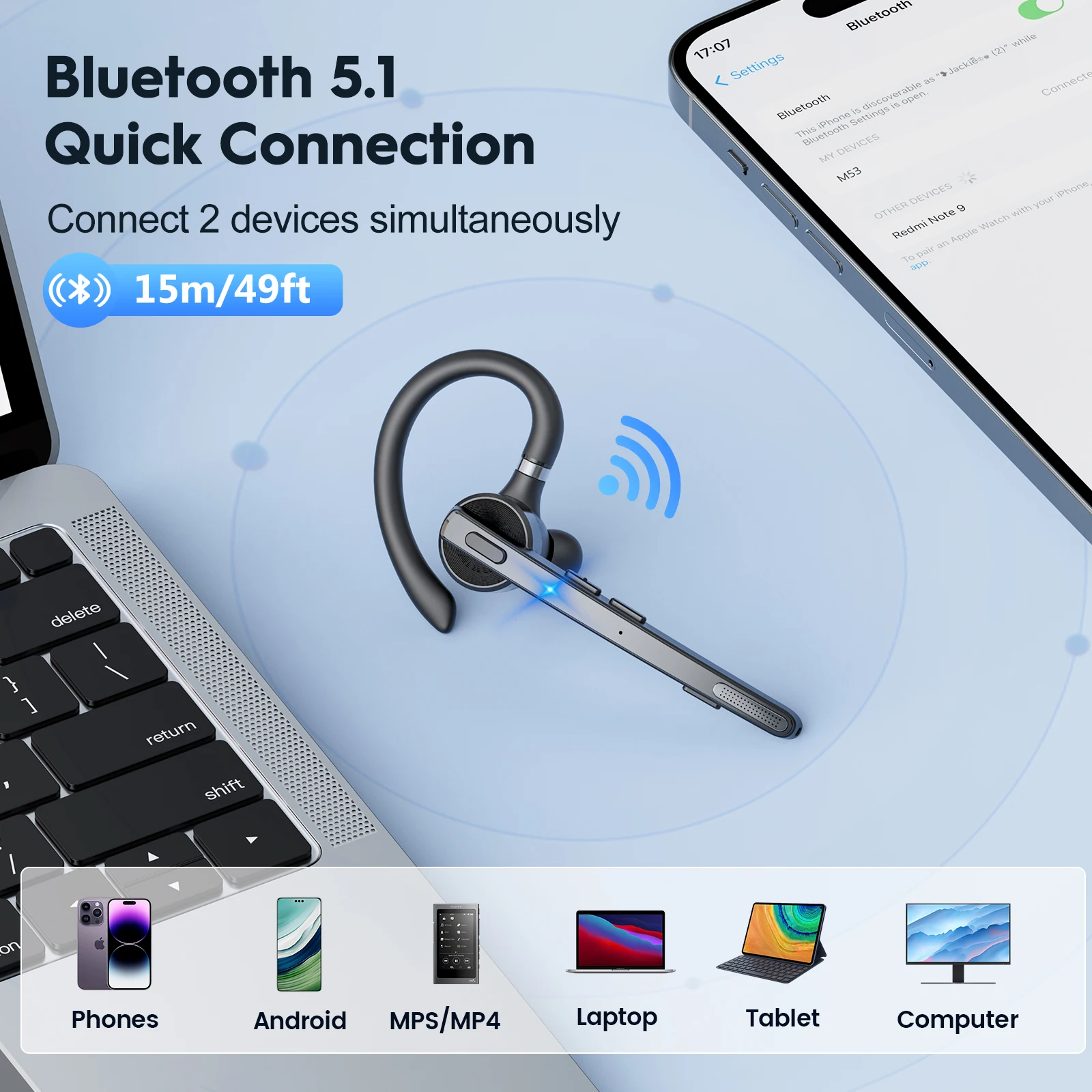 Nuevo Bee M53 auriculares Bluetooth inalámbricos auriculares de doble micrófono silencioso con cancelación de ruido auriculares manos libres para conductor Oficina