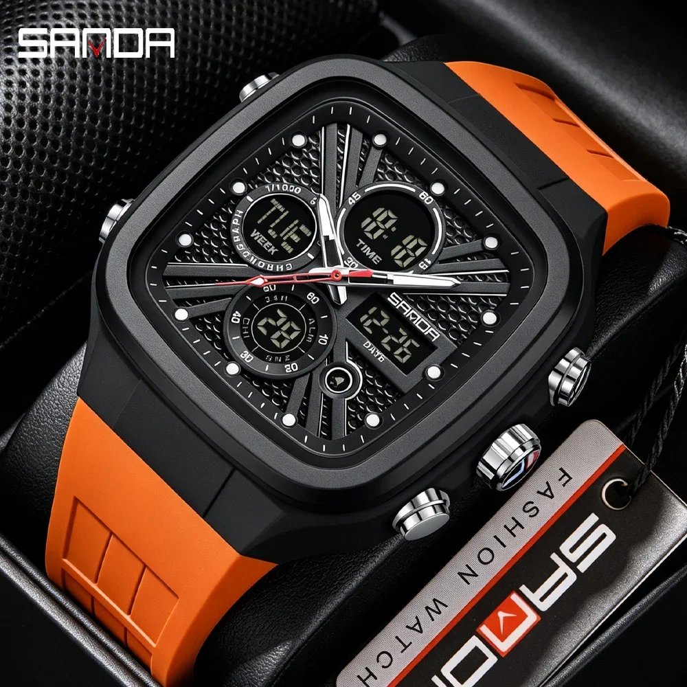 Relojes SANDA de moda para hombre, relojes deportivos cuadrados, relojes digitales con doble hora, relojes de pulsera electrónicos impermeables hasta 50m para hombre