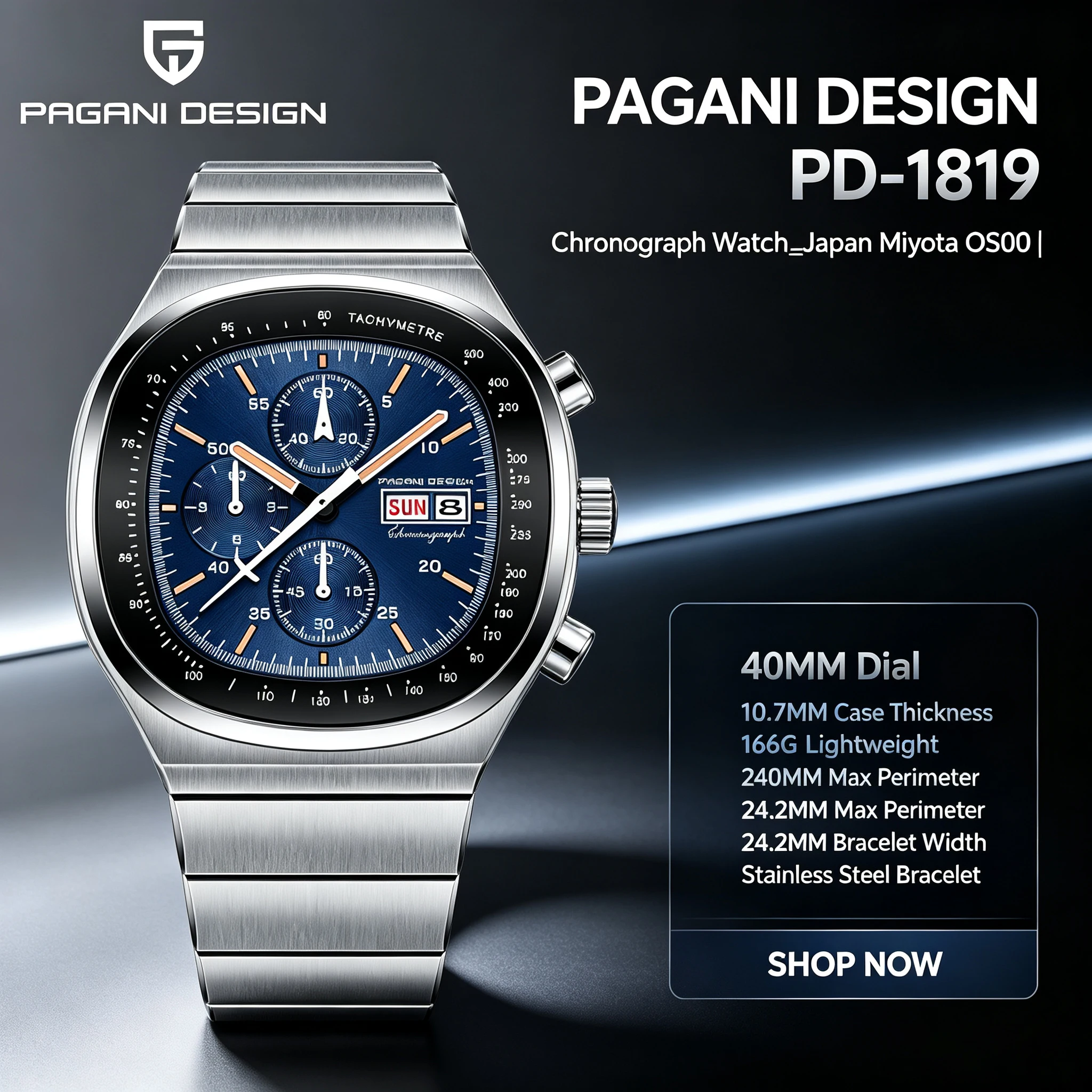 Reloj cronógrafo cuadrado PAGANI DESIGN PD1819 para hombre, movimiento japonés Miyota OS000, cristal de zafiro, reloj deportivo resistente al agua.