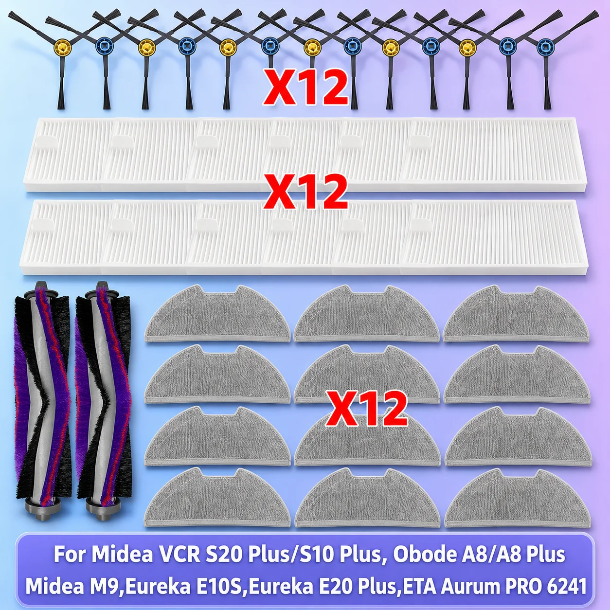 Compatible con ( Midea M9, Eureka E10S, Eureka E20 Plus, Midea VCR S20 Plus, Midea VCR S10 Plus, Obode A8, Obode A8 Plus / ETA Aurum PRO 6241 ) Piezas de aspiradora Rodillo principal Cepillo lateral Filtro Paño
