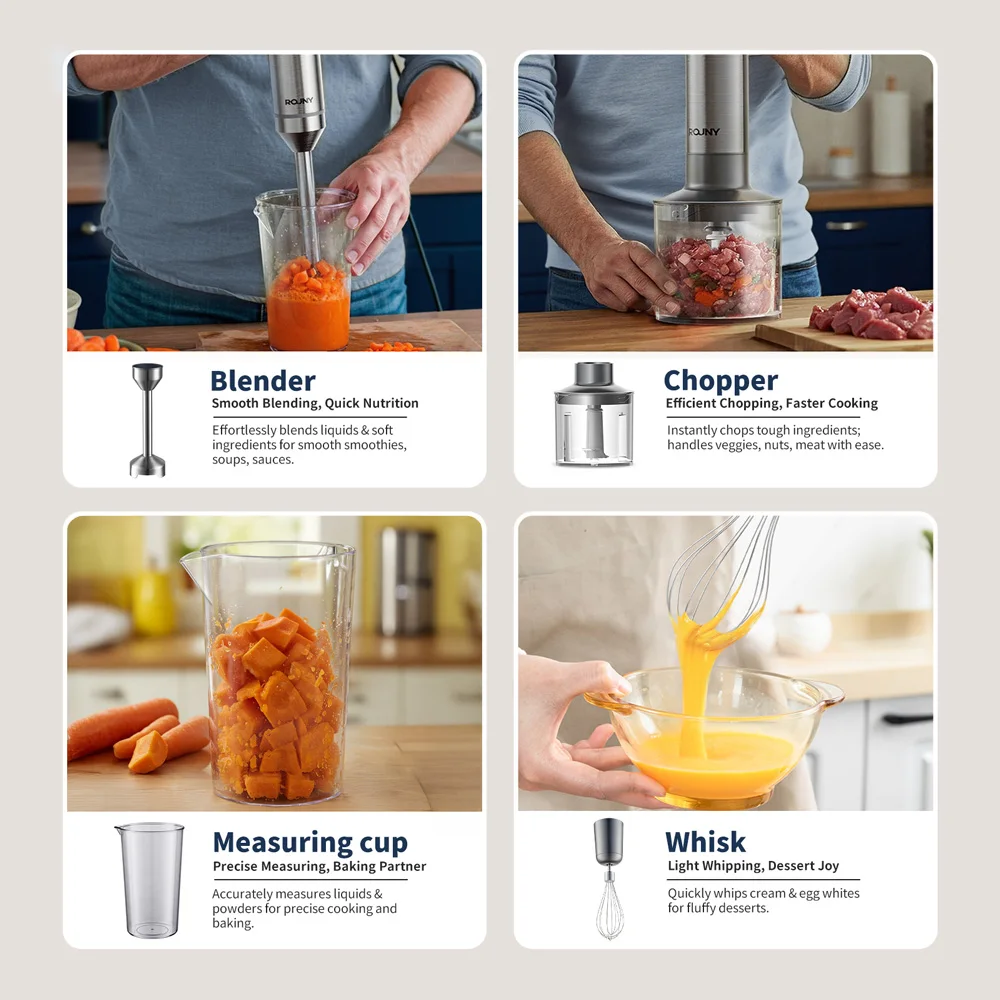 Potente licuadora de inmersión, mezclador de alimentos para bebés con varilla de acero inoxidable 4 en 1, vaso mezclador de 700 ml, procesador de 500 ml, batidor, MAX 1200 W