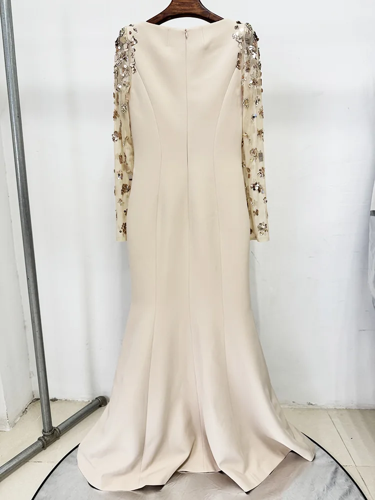 HIGH STREET Última Moda 2026 Vestido de Fiesta de Diseñador para Mujer, Vestido Largo Maxi de Manga Larga con Malla Empalmada y Diamantes con Cuentas