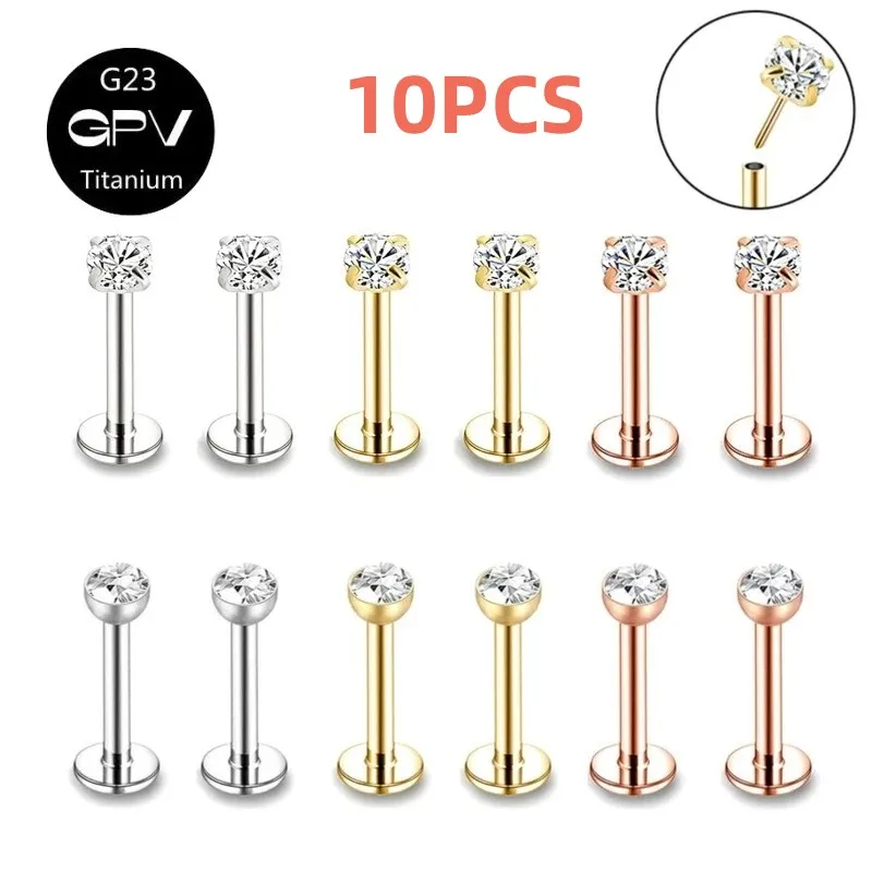 10 Uds G23 titanio 20g 18g 16g 14g Pin de empuje sin rosca Labret labio Piercing F136 cartílago de la oreja hélice Tragus Stud Piercing corporal