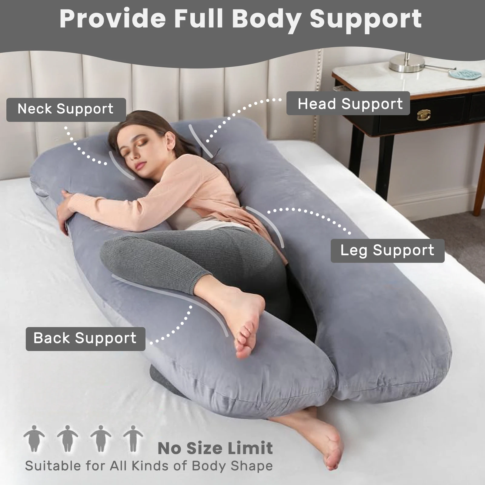 Almohada de embarazo en forma de U para dormir, almohada de cuerpo completo, almohada de embarazo, almohada de maternidad, con funda extraíble (gris)