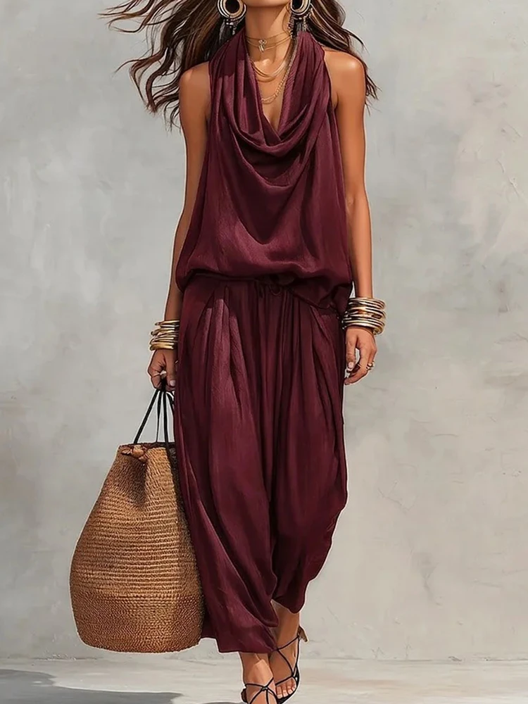 Conjunto de Dos Piezas para Mujer, Verano, Sin Mangas, Cuello Alto, Pantalones Largos, Estilo Casual, Elegante, para Vacaciones