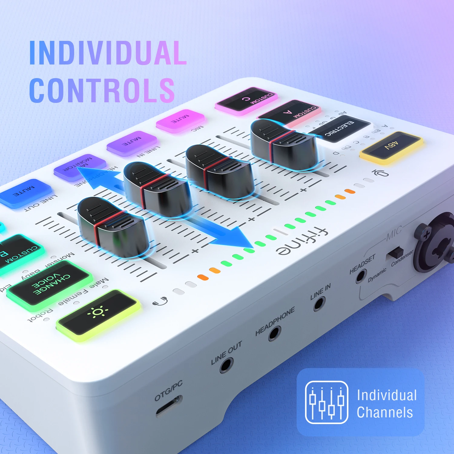 Mezclador USB para Juegos FIFINE con 4 Canales/Interfaz de Micrófono XLR/RGB, Mezclador de Sonido para Transmisión de Podcasts y Juegos AmpliGame SC3W