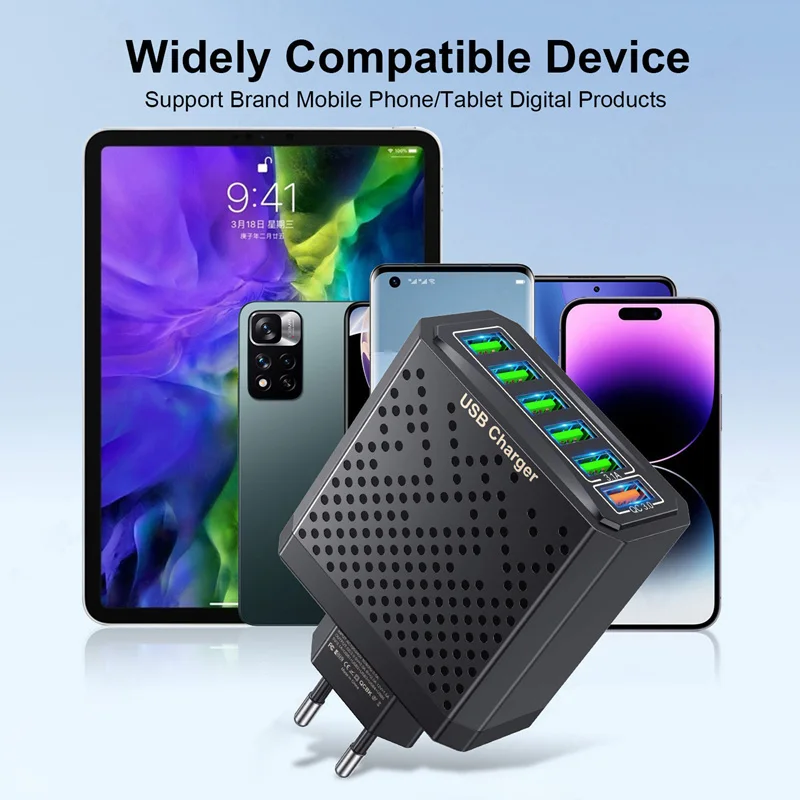 Cabezal de carga multipuerto 6 en 1, 5V, 3a, Qc3.0, carga rápida para Samsung S23, Xiaomi, enchufe adaptador Eu/kr/us/uk
