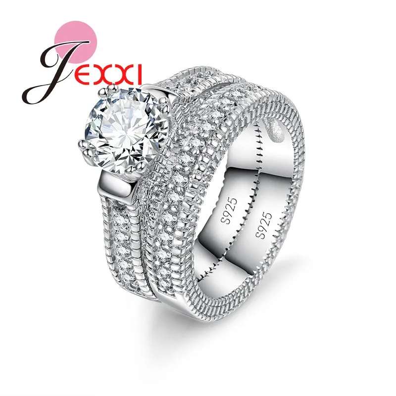 Conjunto de anillos elegantes de Plata de Ley 925 para mujer, 2 uds., pavimentado, cristales brillantes de alta calidad, joyería de boda para novia