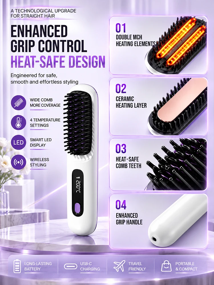 Cepillo Alisador de Cabello Inalámbrico, Peine Eléctrico con Calor, Recargable por USB, 4 Niveles de Temperatura, Pantalla Digital para Mujeres, Ideal para Viajes