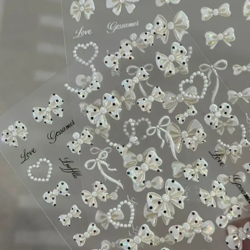 Adornos de Uñas 5D con Perlas Blancas, Lazo Francés con Puntos, Corazón de Perlas y Cadena de Perlas, Adhesivos Autoadhesivos para Decoración de Manicura para Mujeres