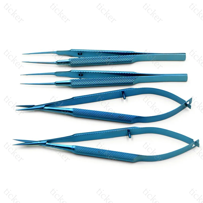 Oftalmología Juego de sutura de microinstrumento de 4 piezas, tijeras corneales quirúrgicas manuales de acero inoxidable, pinzas de aleación de titanio