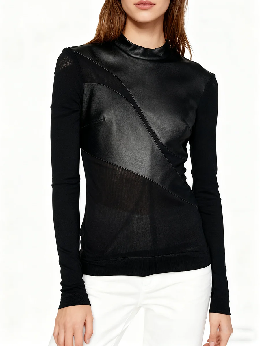 TWOTWINSTYLE, camisetas lisas adelgazantes de cuero empalmado a la moda para mujer, cuello redondo, manga larga, camiseta Sexy transparente, ropa femenina