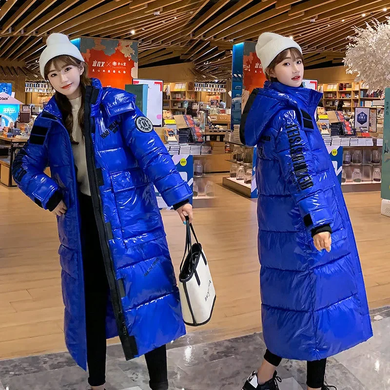 Abrigo Largo Casual con Capucha para Mujer, Negro Brillante, Estilo Parker, Cálido, Grueso, de Algodón con Relleno de Plumón, Resistente al Viento y a la Lluvia, para Invierno