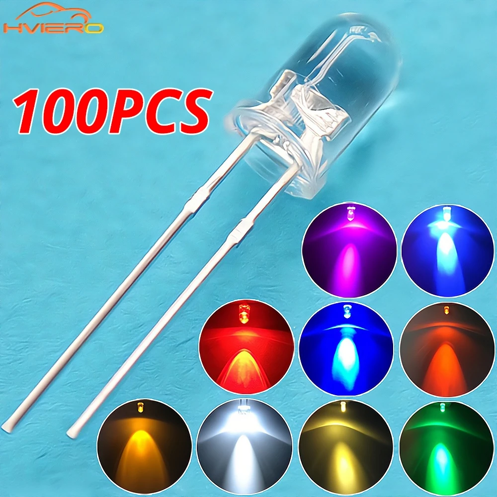 100 Piezas de Diodos Emisores de Luz LED F5 de 5mm, Redondos, Blancos, Rojos, Azules, Rosa Cálido, UV, Transparentes, Súper Brillantes, 6000-6500k, Lámparas, Bombillas