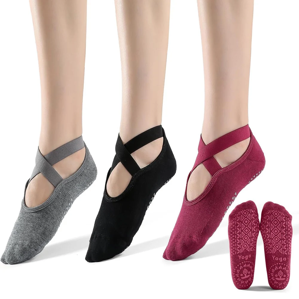 3 pares de calcetines de Yoga para mujer, calcetines antideslizantes de silicona para Ballet y Pilates, calcetines deportivos de baile transpirables con espalda descubierta de algodón para mujer